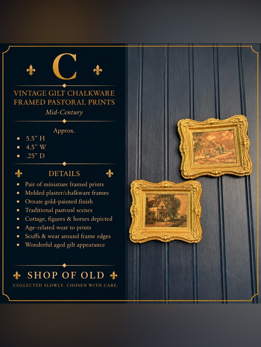 Vintage Gilt Chalkware Framed Pastoral Prints | Mid-Century
